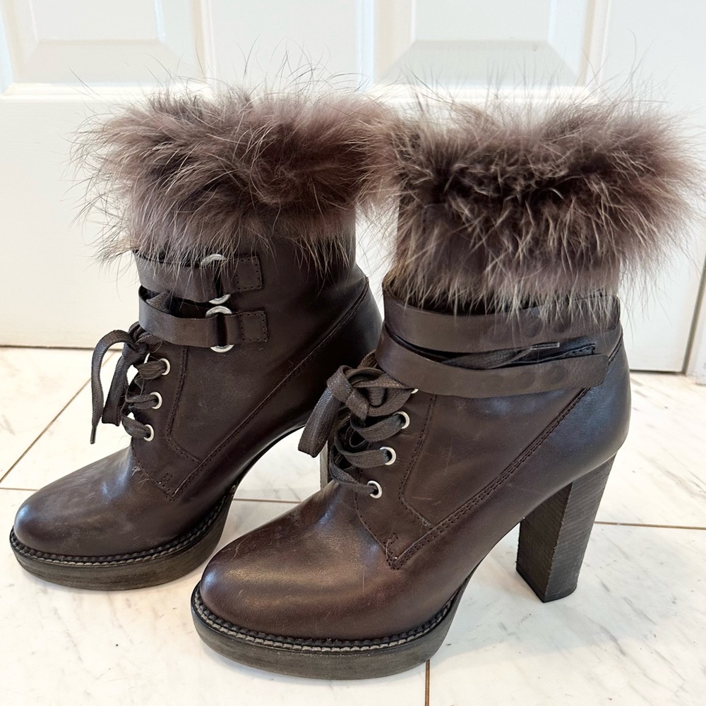 Brunello Cucinelli Brown Leather Fur Double Strap Boots - Size 38